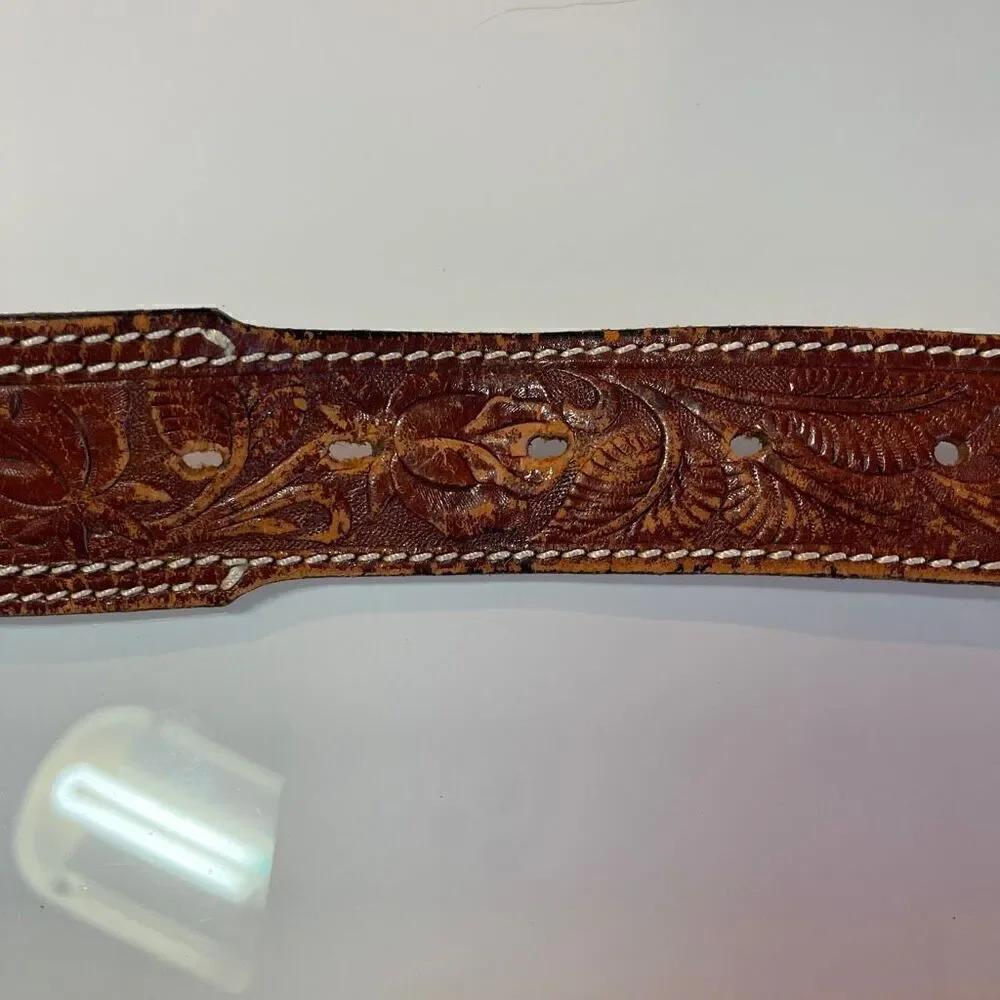 Vtg The Belt Factory Hand Tooled Leather Belt feathers and rose Cowhide  Size 38